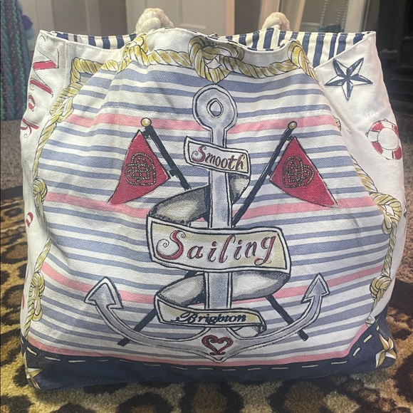 Brighton Nautical Rope Handle Beach Tote Bag – Anchor & Lifesaver Print, 16x15x8 - Picture 4 of 9